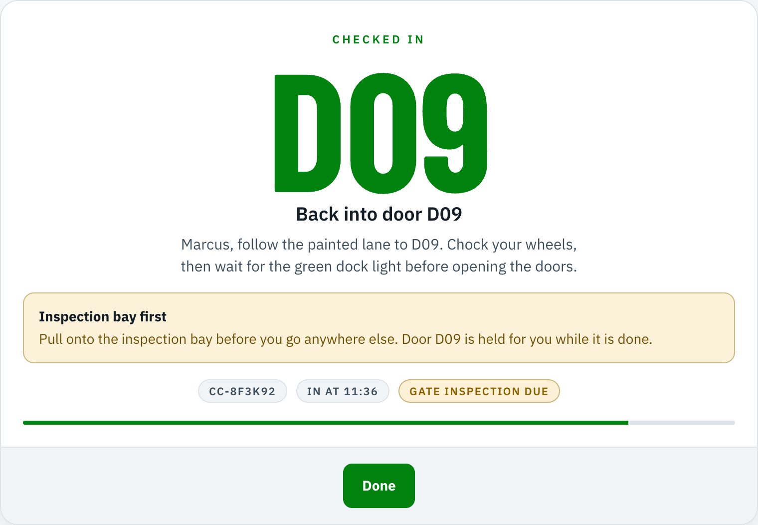 Chockpoint check-in confirmation showing a driver assigned to door D09 and directed to the inspection bay