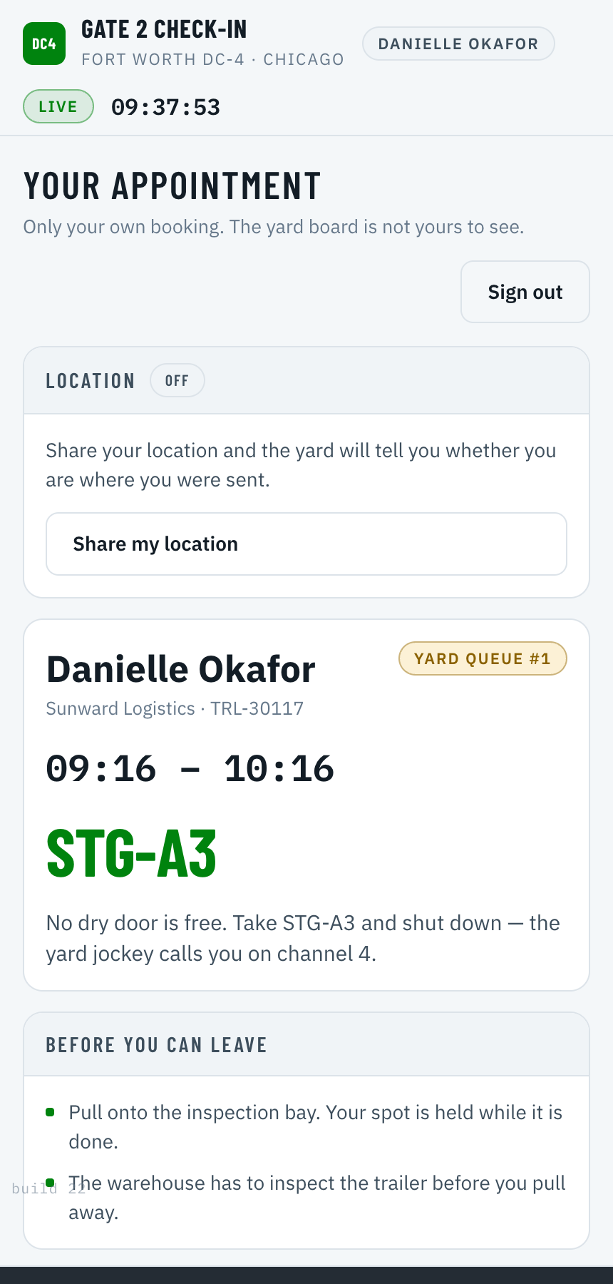 Chockpoint driver screen on a phone showing the assigned yard spot and the checks still outstanding