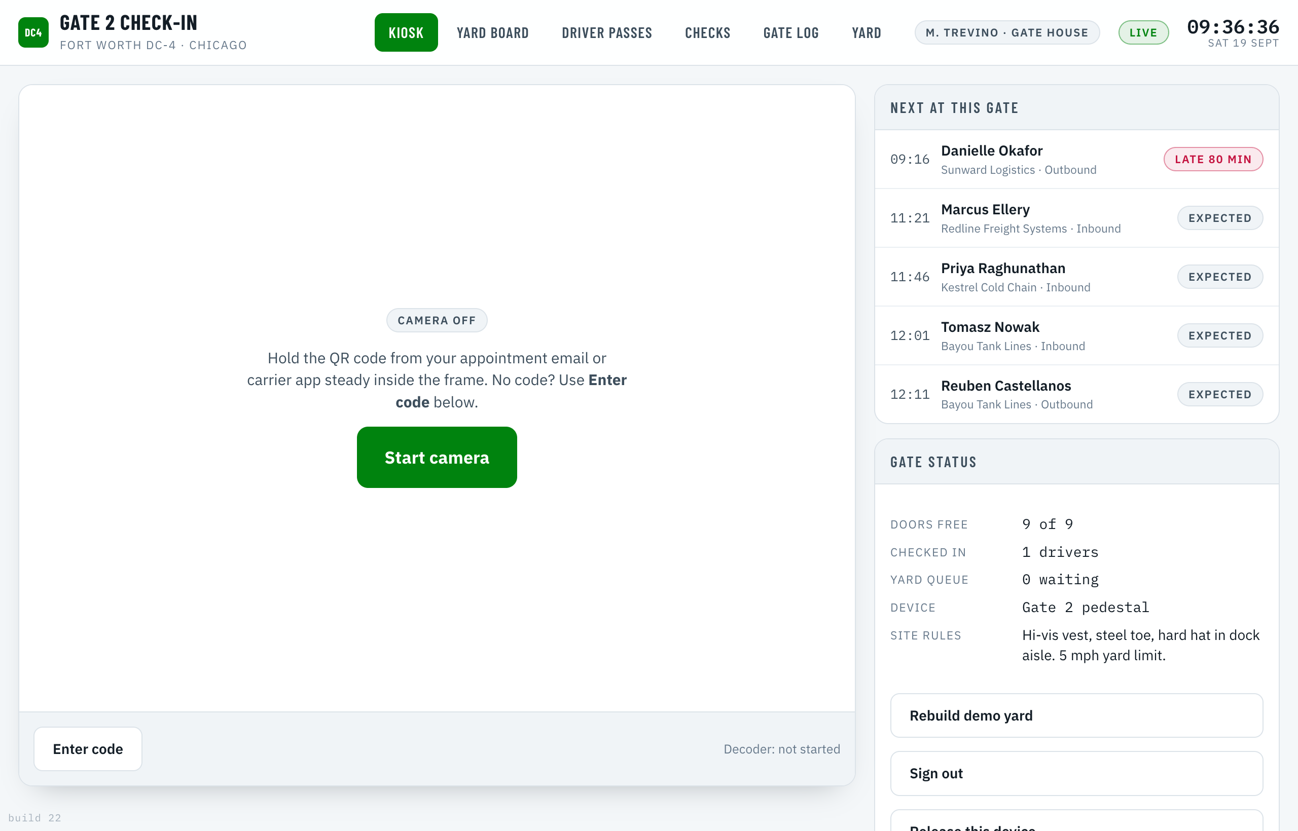 Chockpoint gate kiosk in a browser, ready to scan a driver's appointment QR code